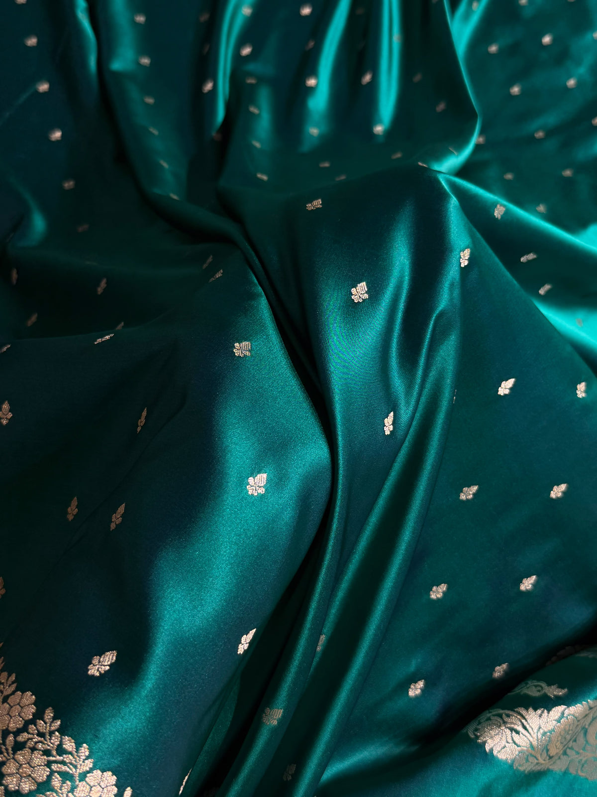 Banarasi Mashru Satin Silk Saree Booti Pattern Dark Peacock Shades MSK31