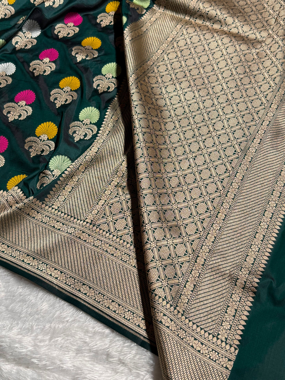 Banarasi Pure Katan Silk Saree with Minakari Boota Pattern in Dark Bottle Green Shades PKM09