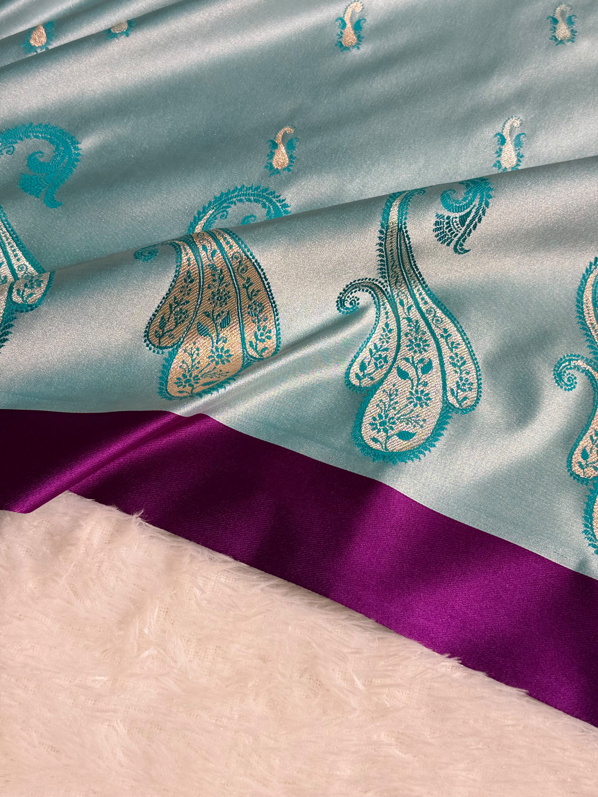 Banarasi Mashru Satin Silk Saree Booti Pattern In Turquoise Shades MSK42