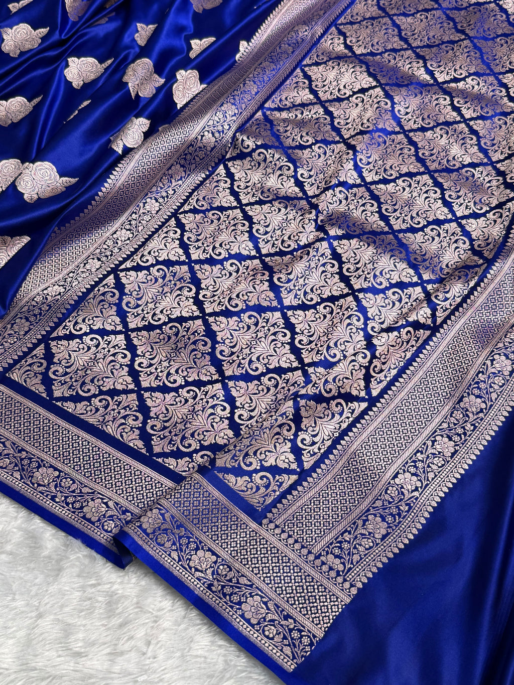 Banarasi Mashru Satin Silk Saree Boota Pattern Royal Blue Shades MSK15