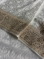 Banarasi Mashru Satin Silk Saree Tanchoi Pattern in Swarovski Work in Pearl White Shades BMSC04