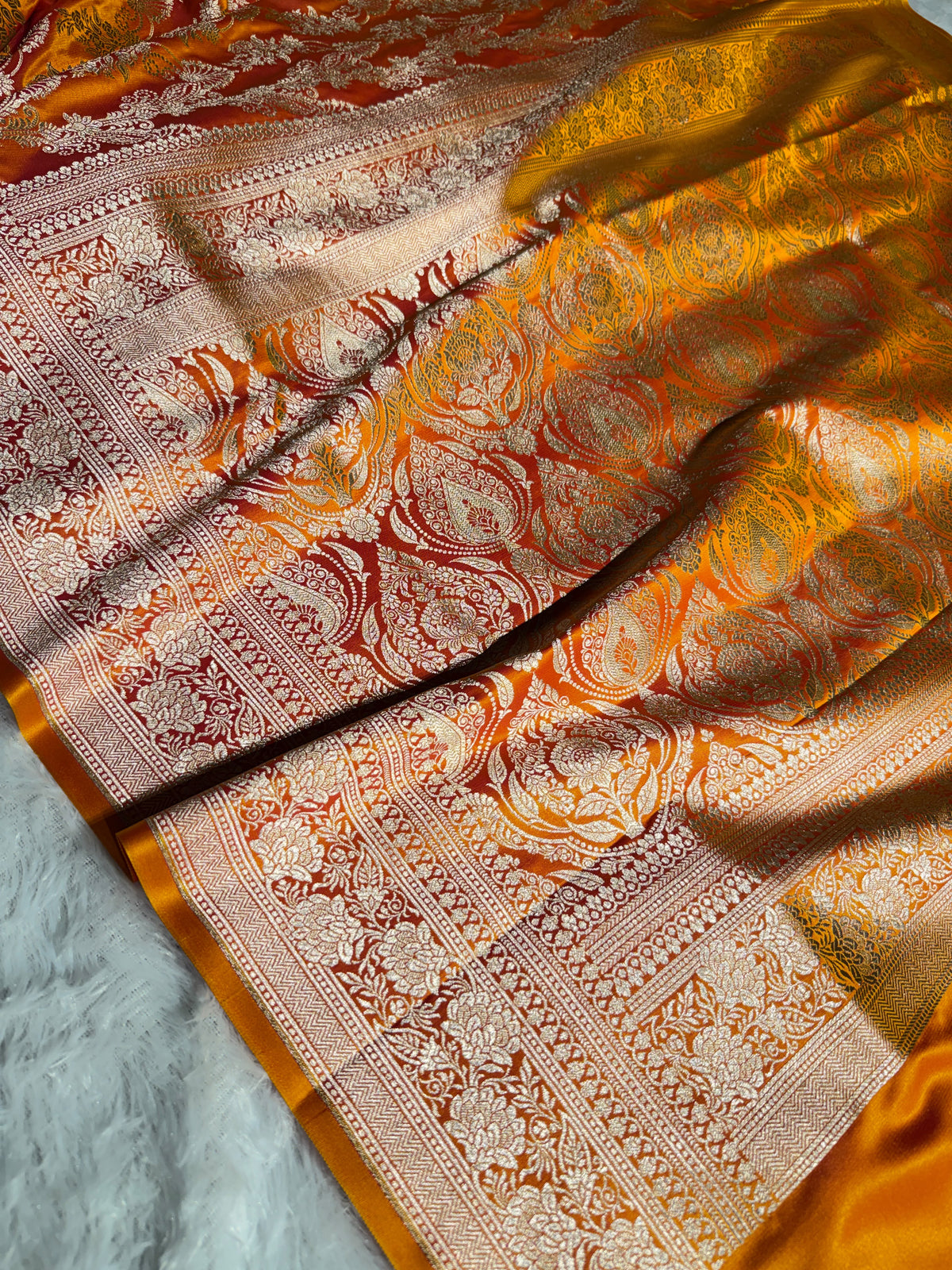 Banarasi Satin Katan Silk Saree Jaal Pattern in Mustard Shades SK15