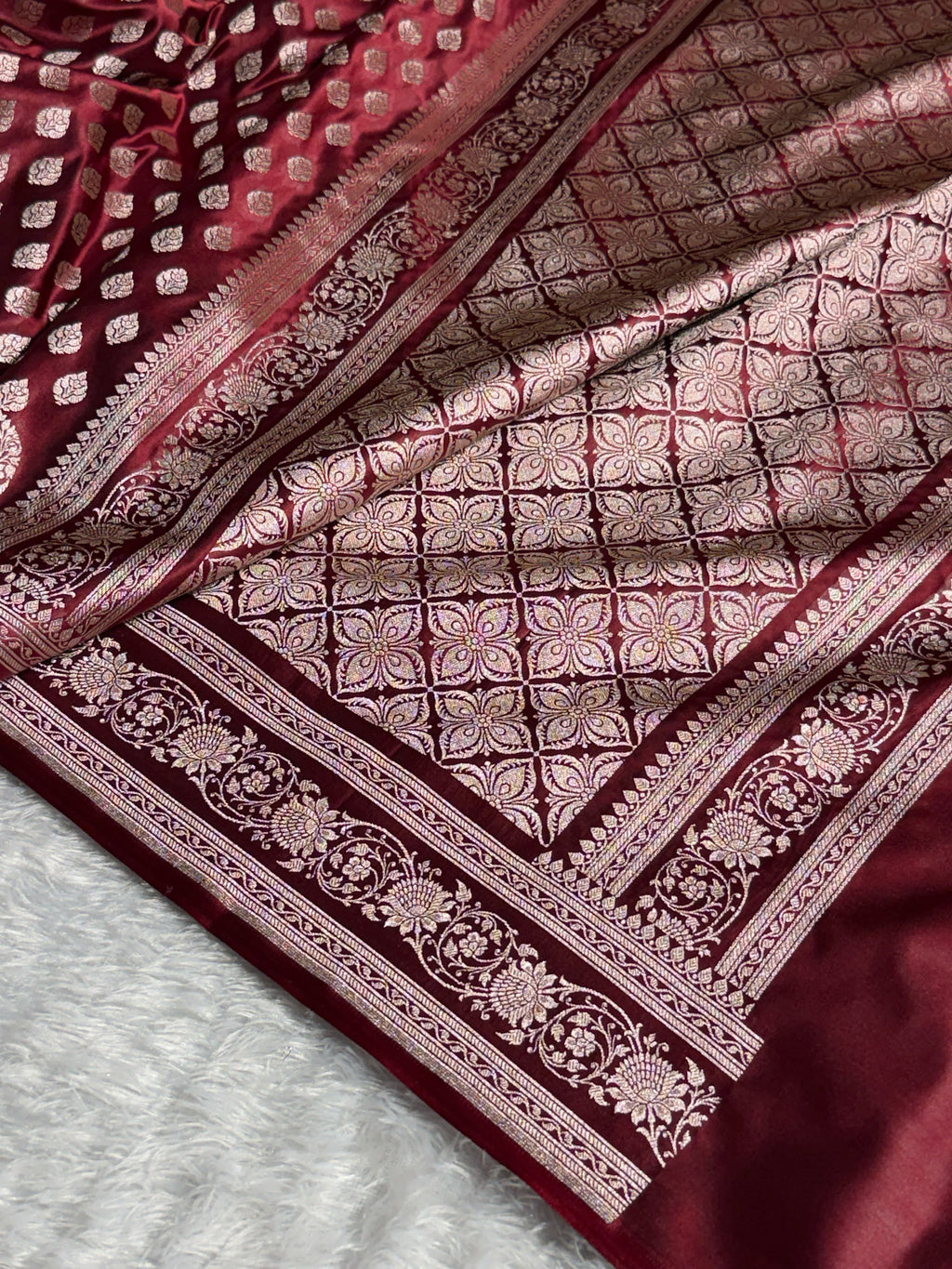 Banarasi Mashru Satin Silk Saree Booti Pattern Garnet Shades MSK16
