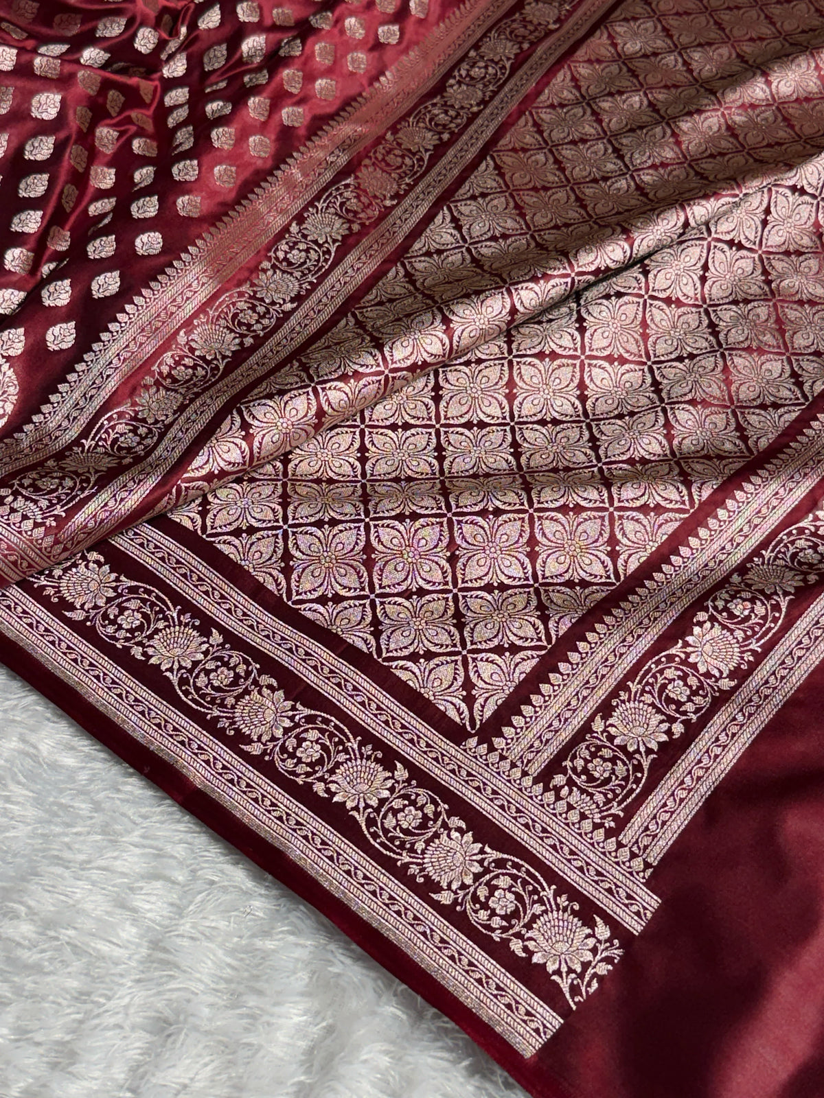 Banarasi Mashru Satin Silk Saree Booti Pattern Garnet Shades MSK16