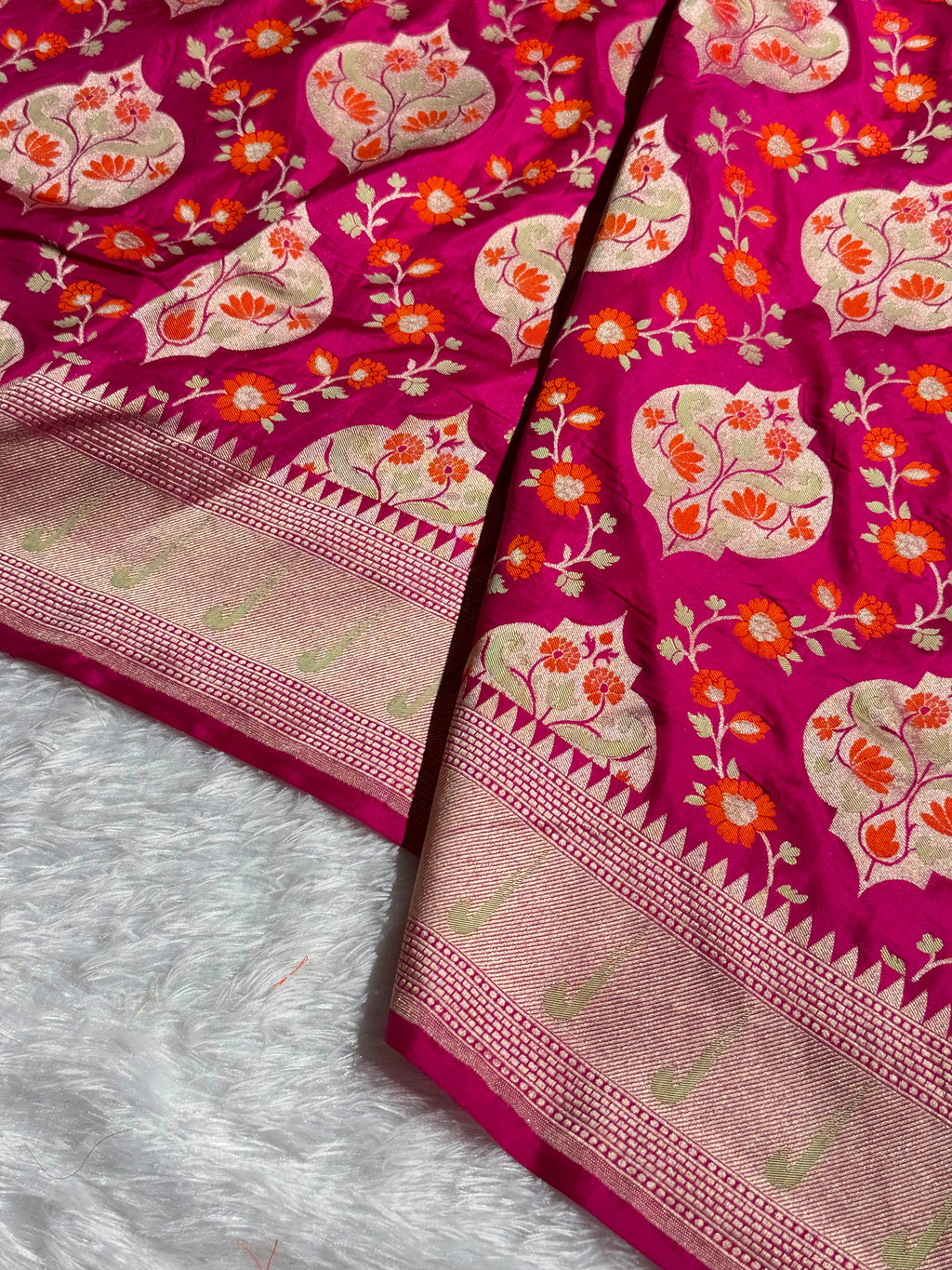 Banarasi Pure Katan Silk Saree with Minakari Boota Pattern in Rani Pink Shades Shades PKM05