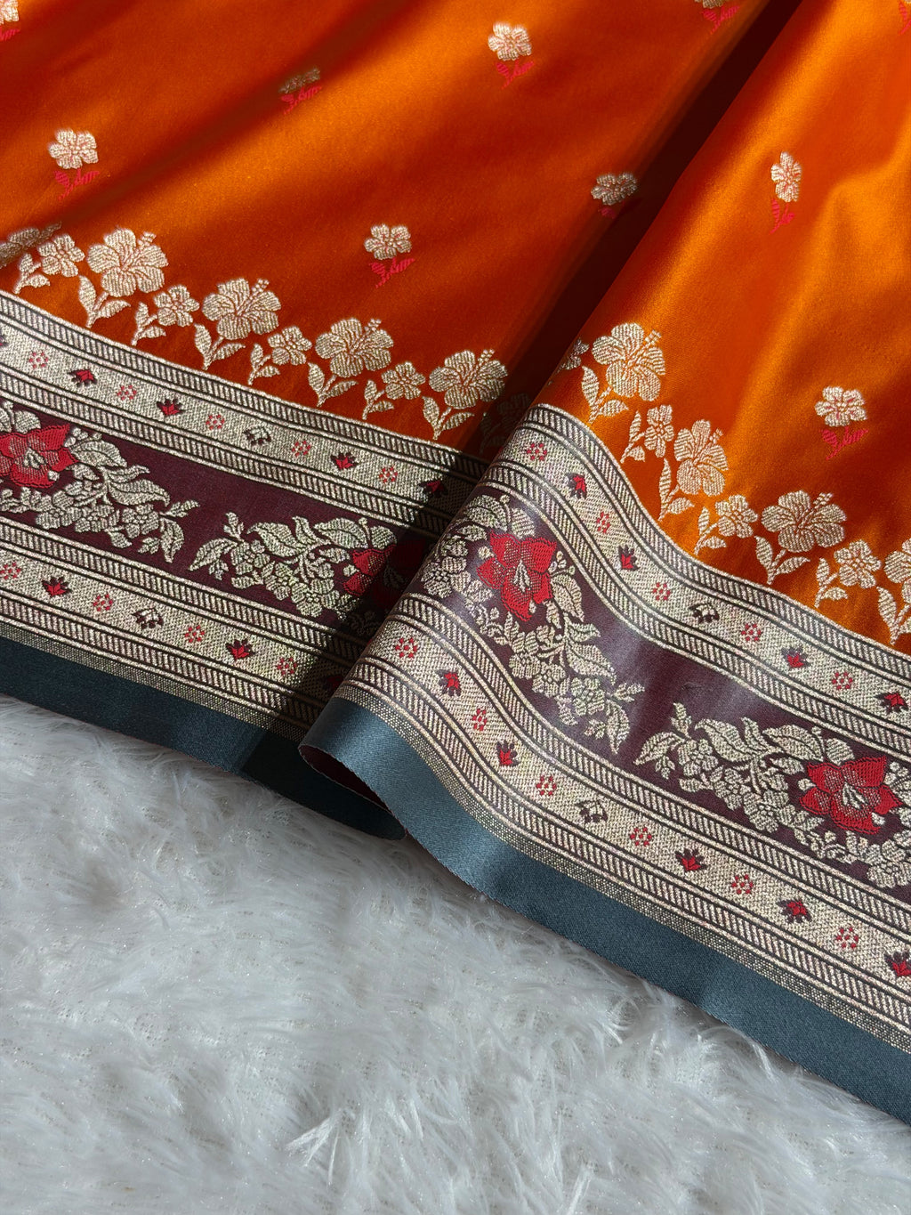 Banarasi Mashru Satin Silk Saree Booti Pattern In Orange with Turquoise Shades MSK40