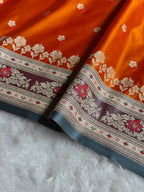 Banarasi Mashru Satin Silk Saree Booti Pattern In Orange with Turquoise Shades MSK40