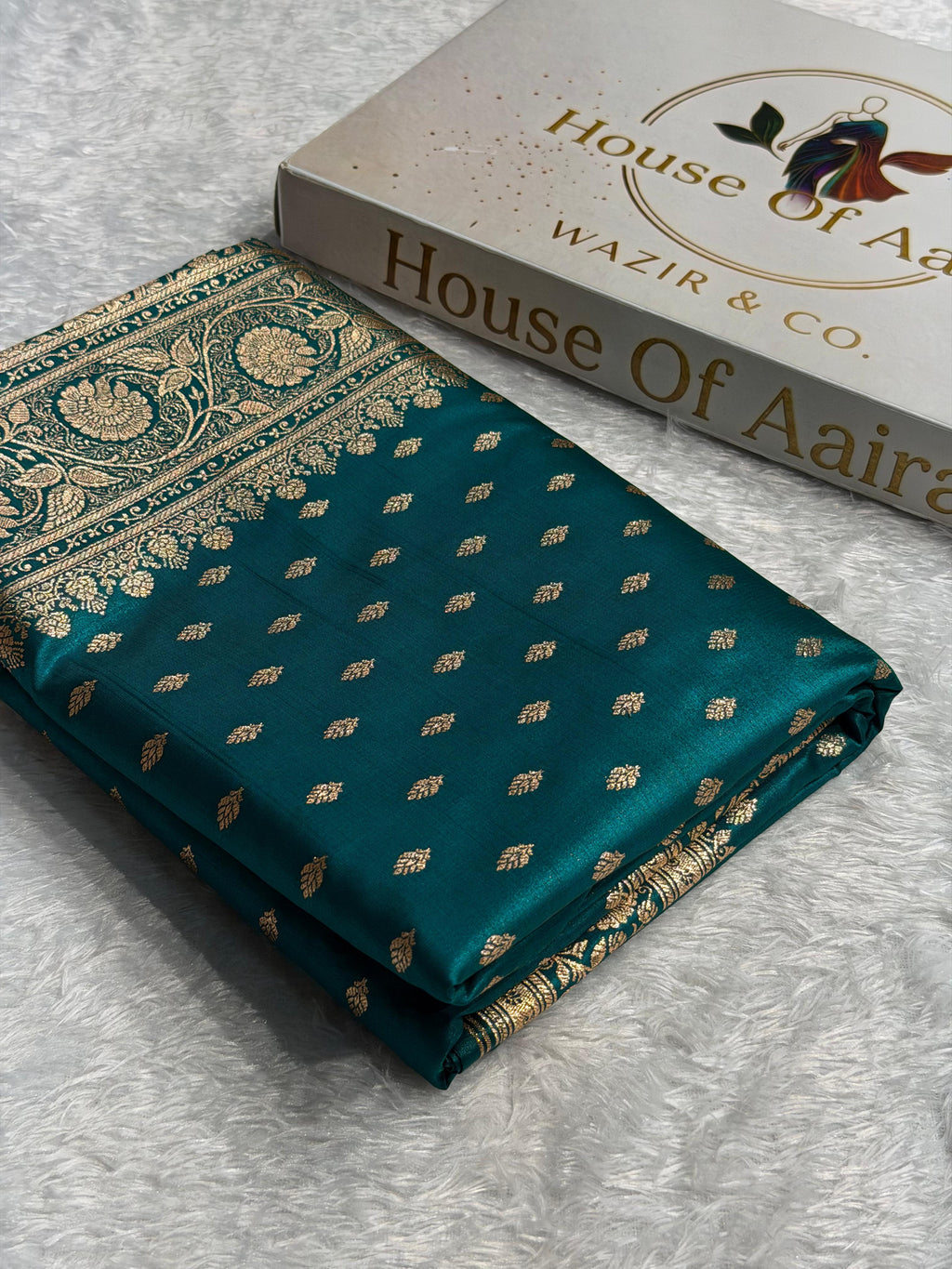 Banarasi Satin Silk Saree Booti Pattern in Deep Teal Shades SS03