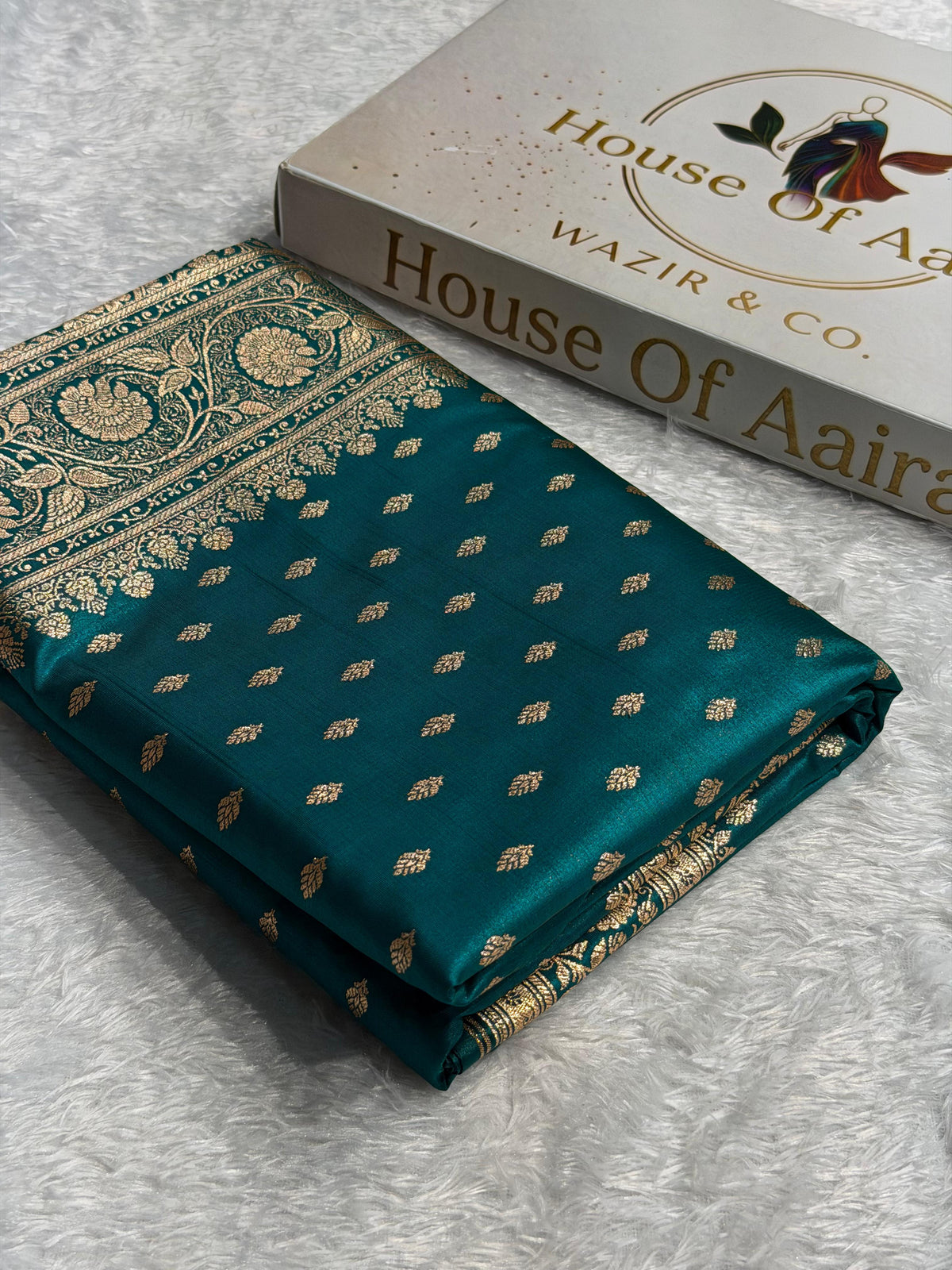 Banarasi Satin Silk Saree Booti Pattern in Deep Teal Shades SS03