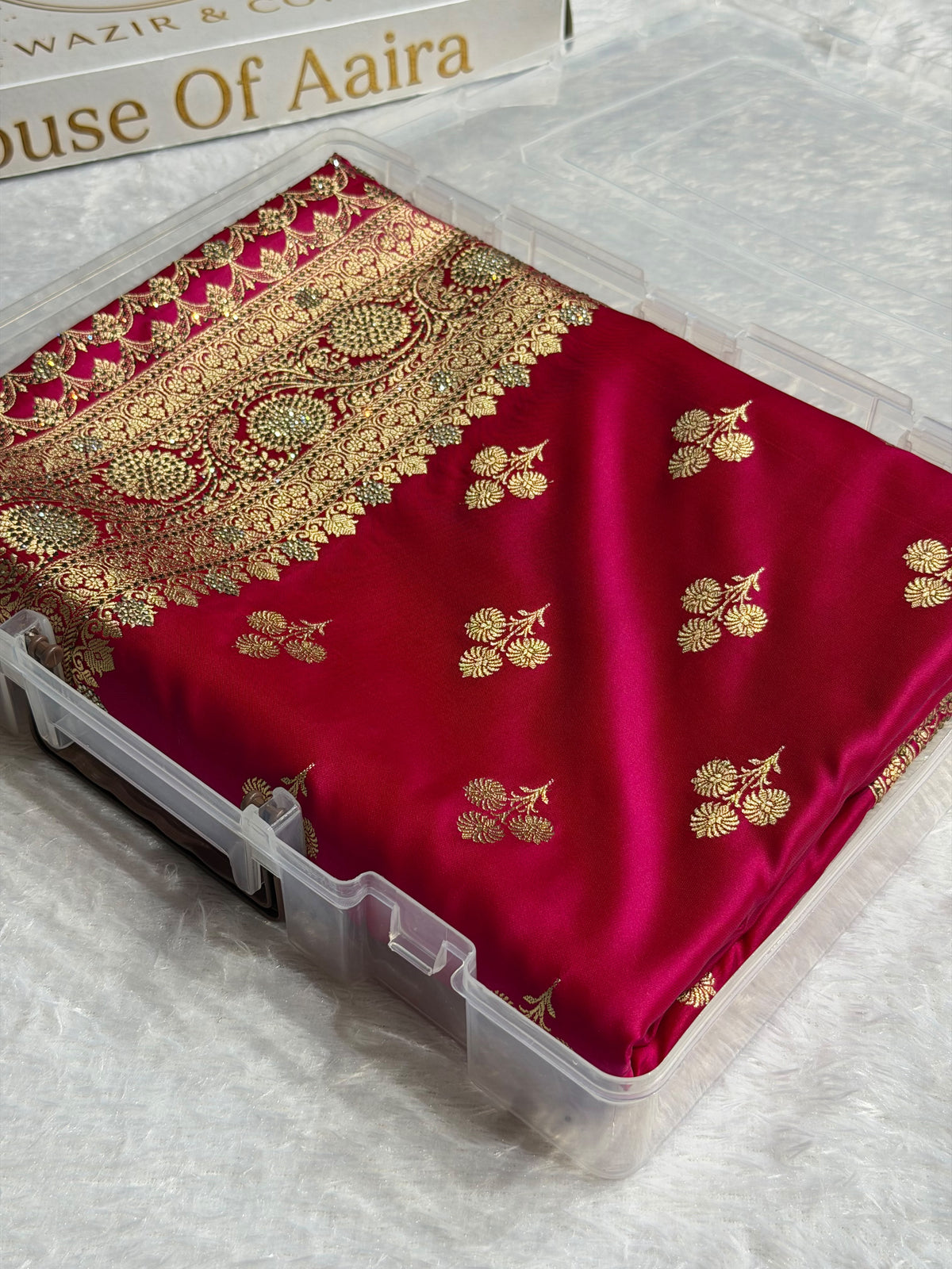 Bridal Banarasi Katan Satin Silk Saree Booti Pattern with Swarovski Work in Rani Pink Shades BSK02
