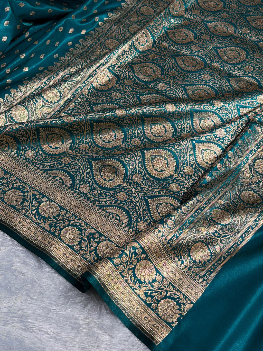 Banarasi Satin Silk Saree Booti Pattern in Deep Teal Shades SS03