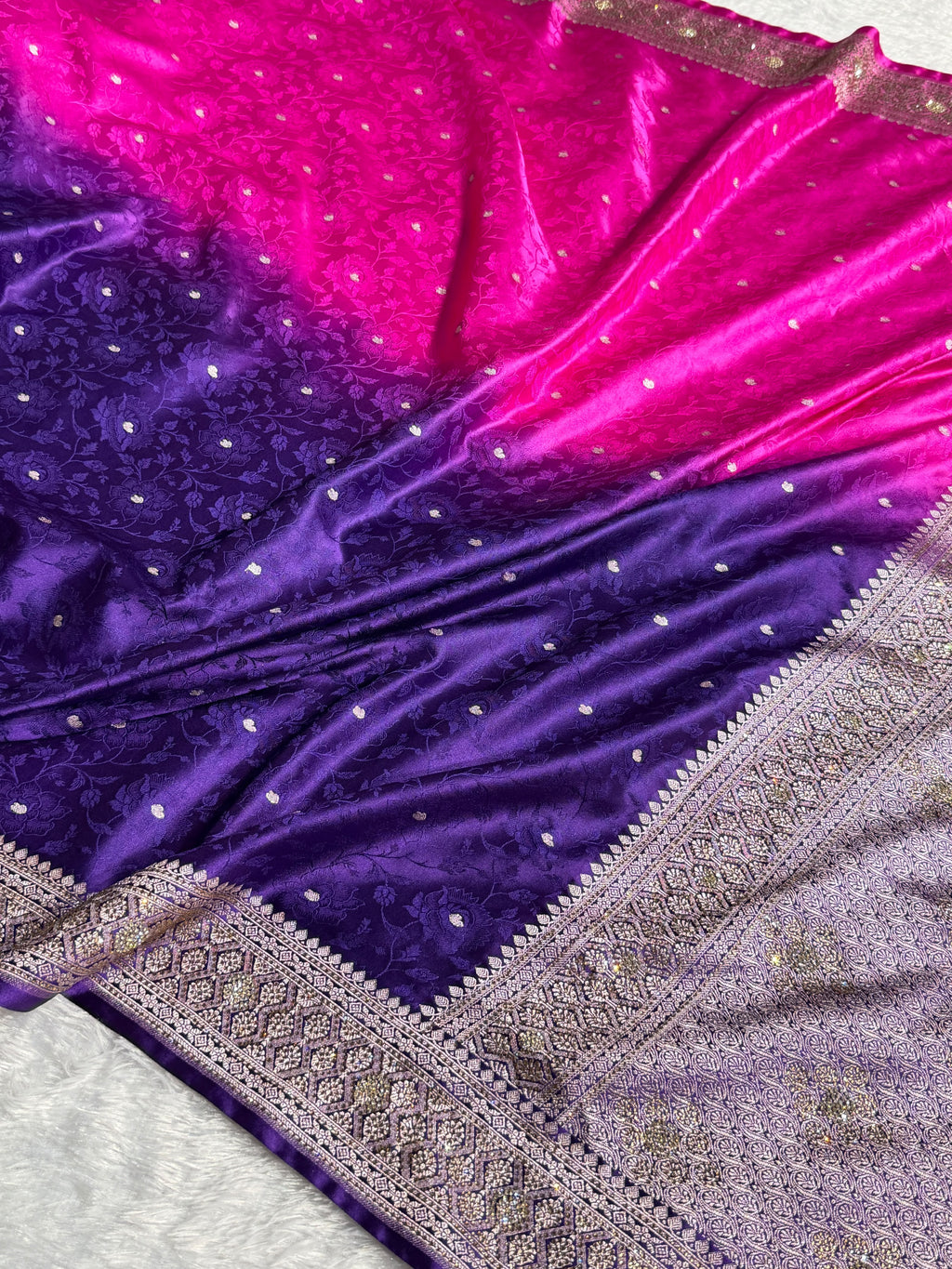 Banarasi Mashru Satin Silk Saree Tanchoi Pattern in Swarovski Work in Ombre Pink and Navy Blue Shades BMSC08