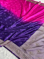 Banarasi Mashru Satin Silk Saree Tanchoi Pattern in Swarovski Work in Ombre Pink and Navy Blue Shades BMSC08