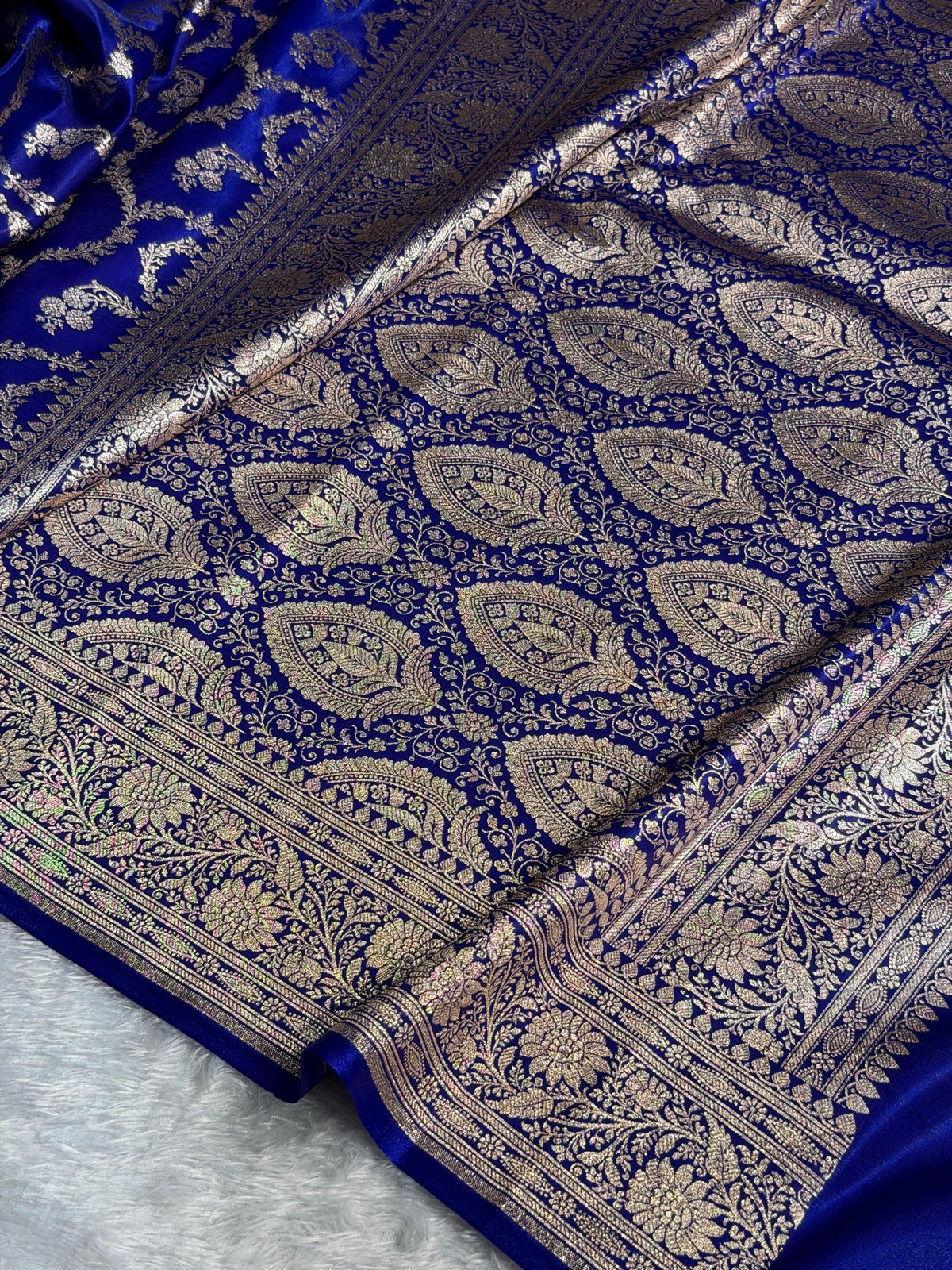 Banarasi Satin Silk Saree Cross Pattern in Royal Blue Shades SS09