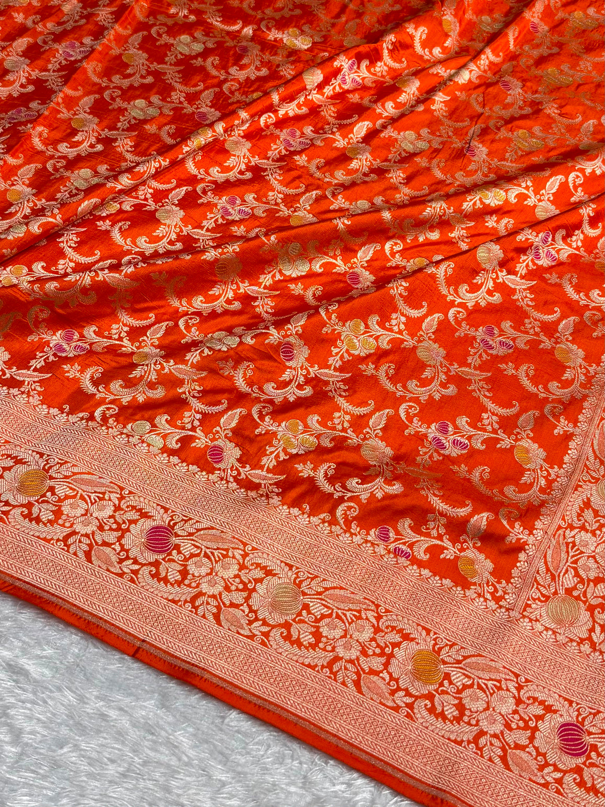 Banarasi Pure Katan Silk Saree with Minakari Jaal Pattern in Orange Shades PKM11