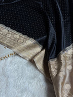 Banarasi Mashru Satin Silk Saree Floral Dot Pattern In Contrast Black with Cream Shades MSC10