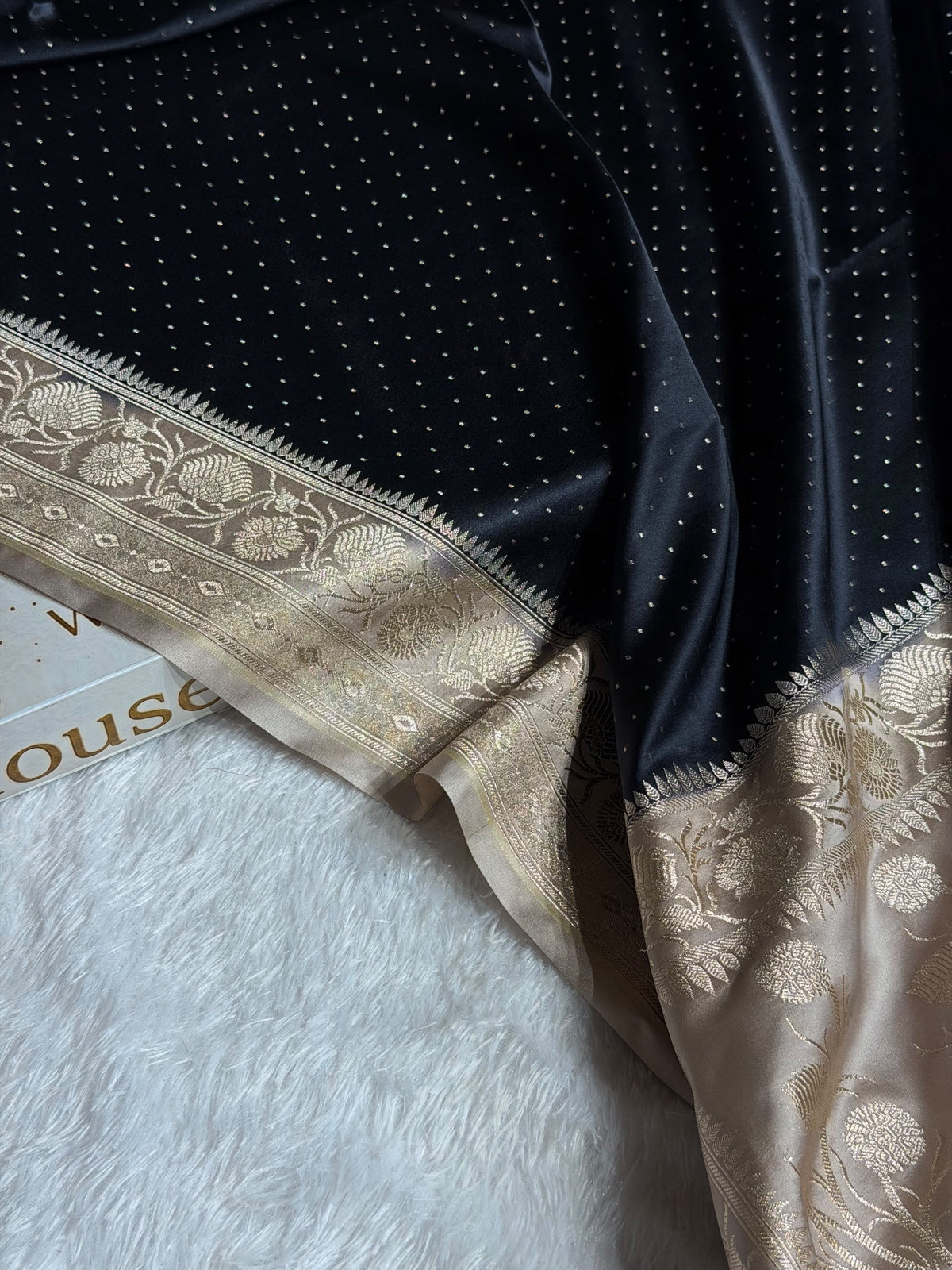 Banarasi Mashru Satin Silk Saree Floral Dot Pattern In Contrast Black with Cream Shades MSC10