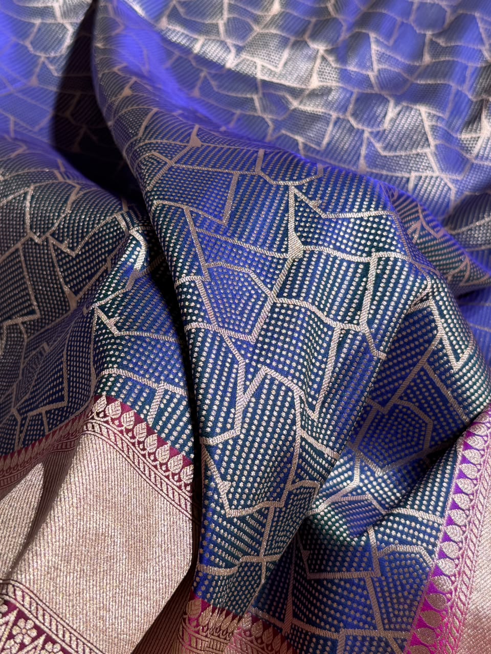 Banarasi Satin Katan Silk Saree Brocade Pattern in Contrast Navy Blue with Rani Shades SK12