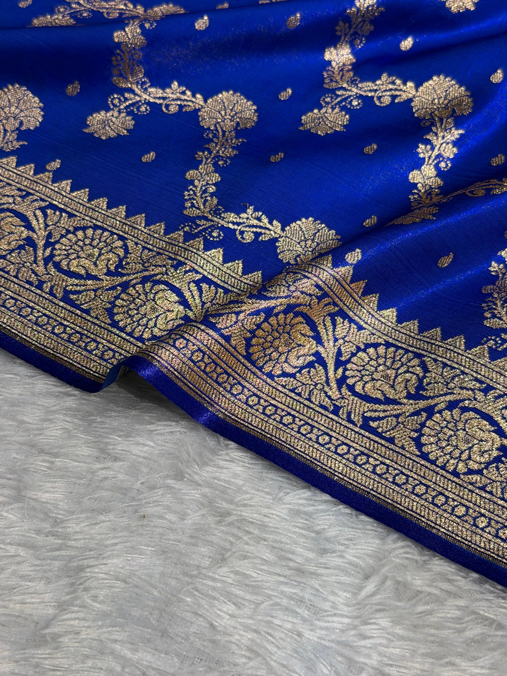 Banarasi Satin Silk Saree Cross Pattern in Royal Blue Shades SS07