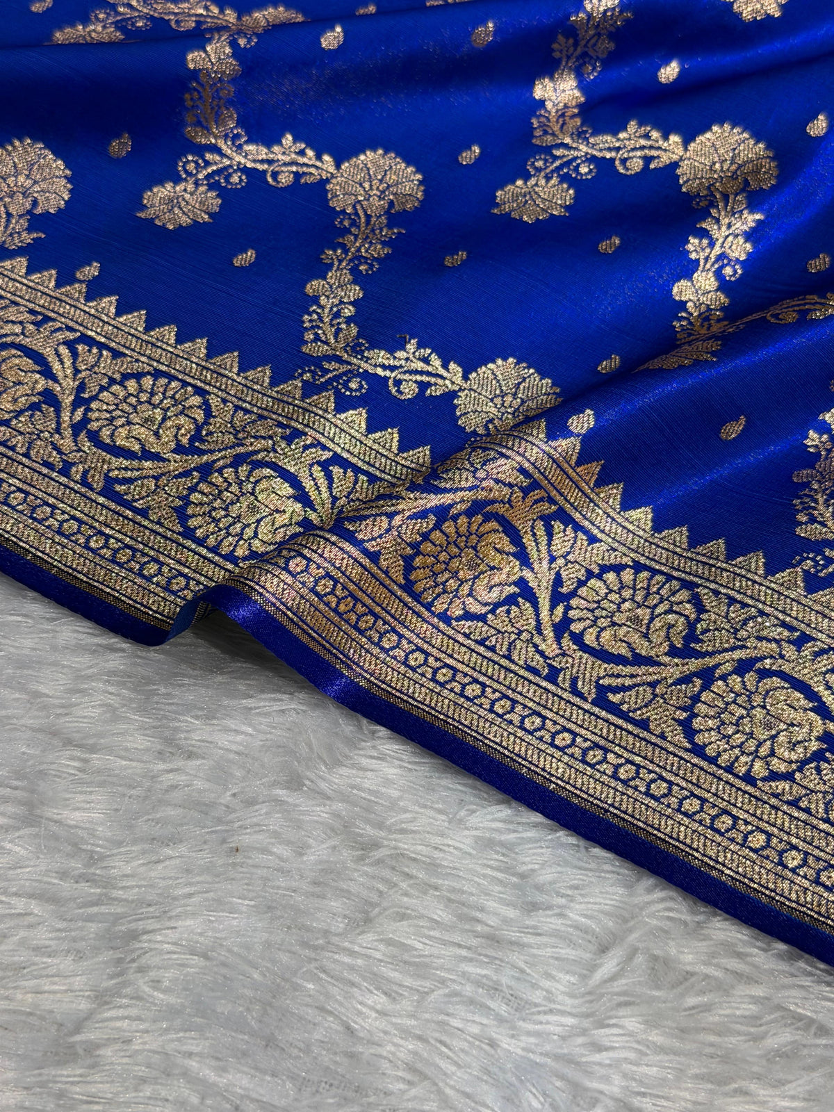 Banarasi Satin Silk Saree Cross Pattern in Royal Blue Shades SS07
