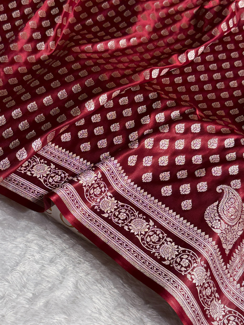 Banarasi Mashru Satin Silk Saree Booti Pattern Garnet Shades MSK16