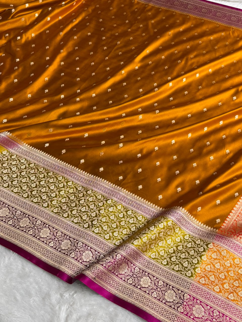 Banarasi Mashru Satin Silk Saree Booti Pattern In Rust with Mustard Rani Skirt Border Shades MSK41