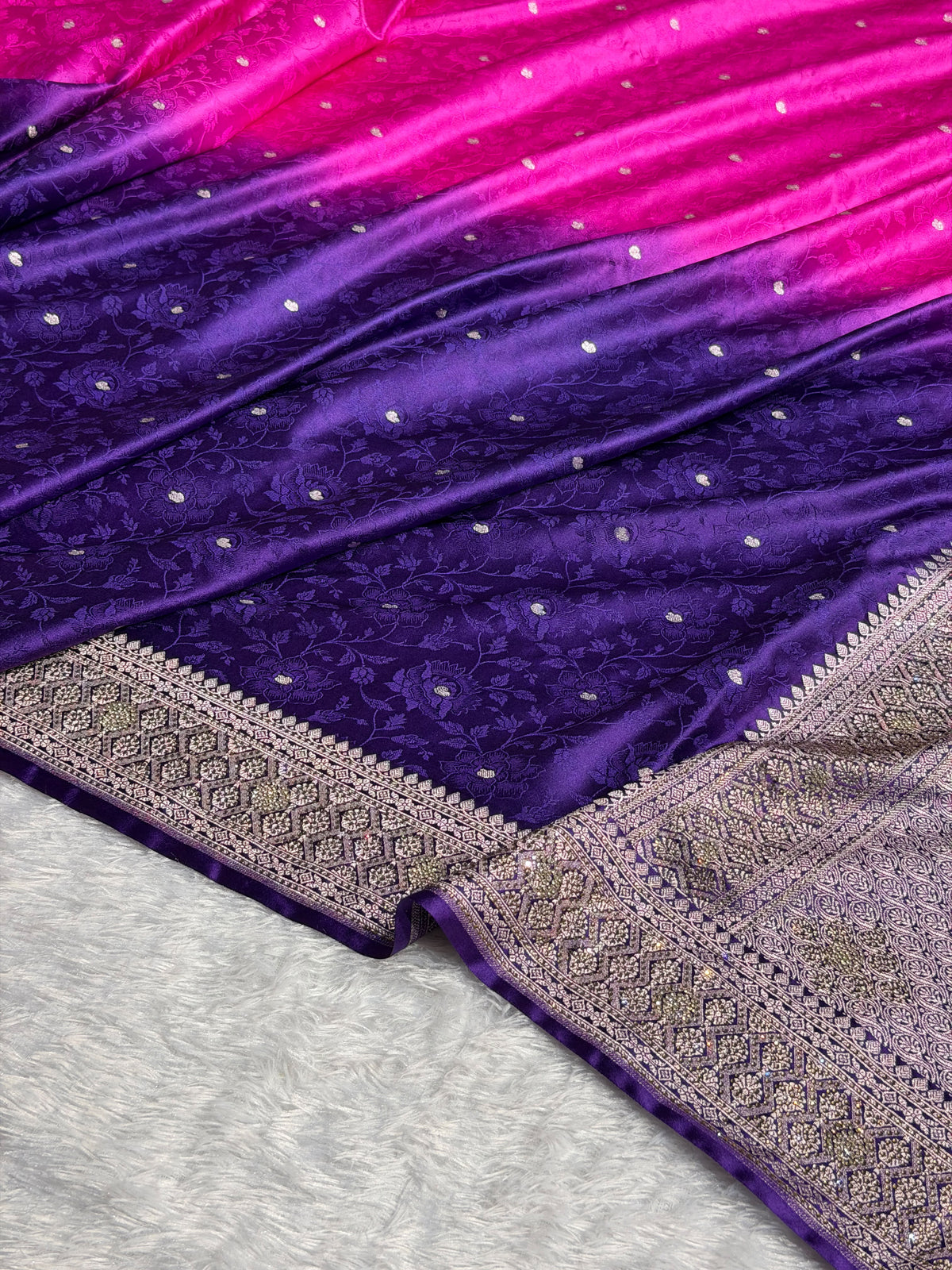Banarasi Mashru Satin Silk Saree Tanchoi Pattern in Swarovski Work in Ombre Pink and Navy Blue Shades BMSC08