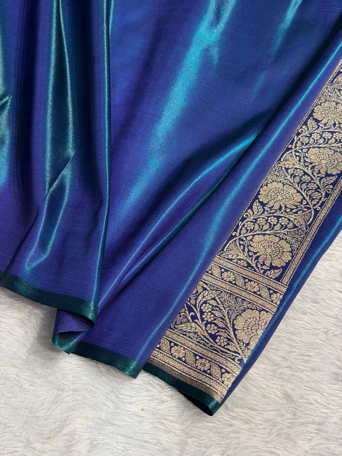 Banarasi Satin Silk Saree Jaal Pattern in Peacock Shades SS12