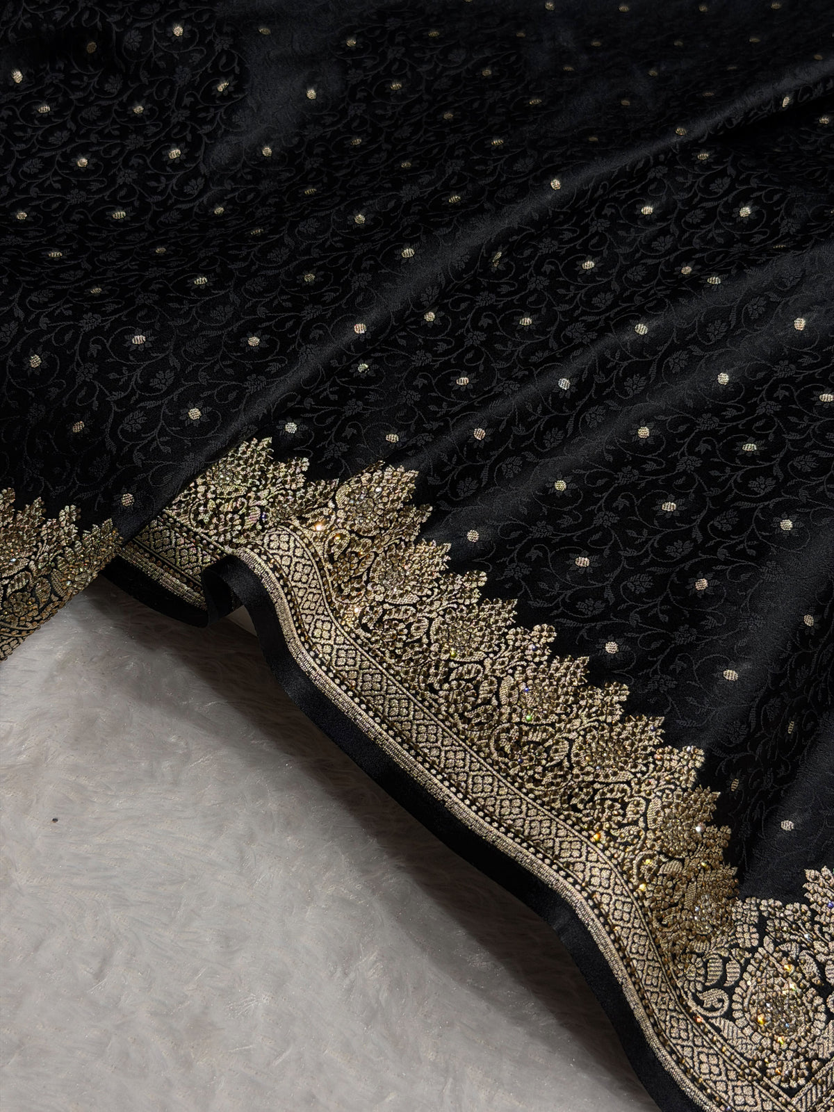 Bridal Banarasi Mashru Satin Silk Saree  Tanchoi Pattern with Swarovski Work In Black Shades BMSK07