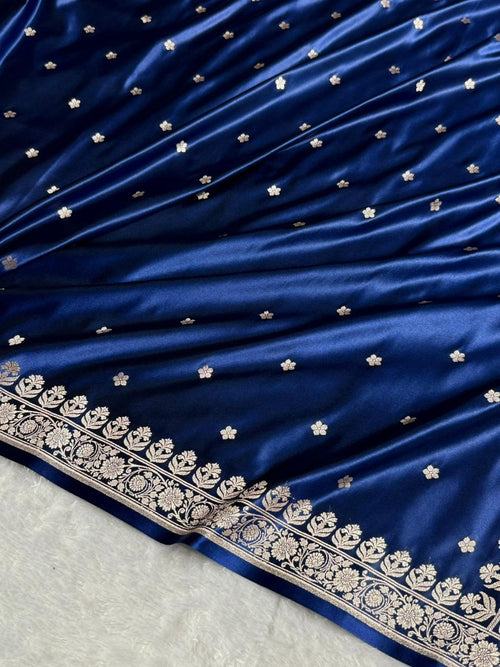 Banarasi Mashru Satin Silk Saree Booti Pattern Navy Blue Shades MSK14