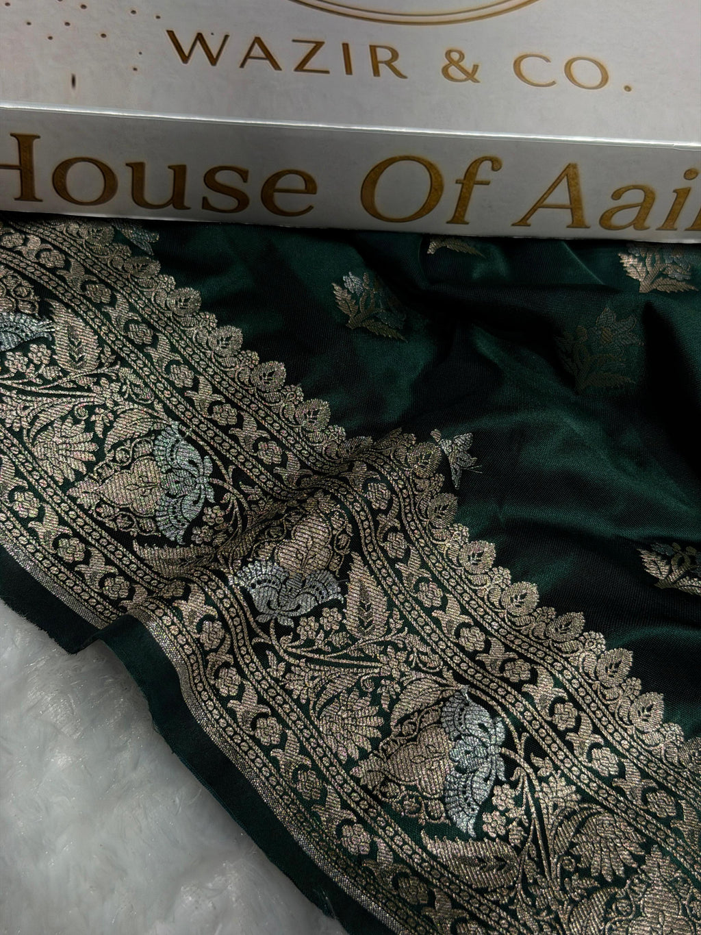 Banarasi Satin Katan Silk Saree Minakari Boota Pattern in Bottle Green Shades SK07