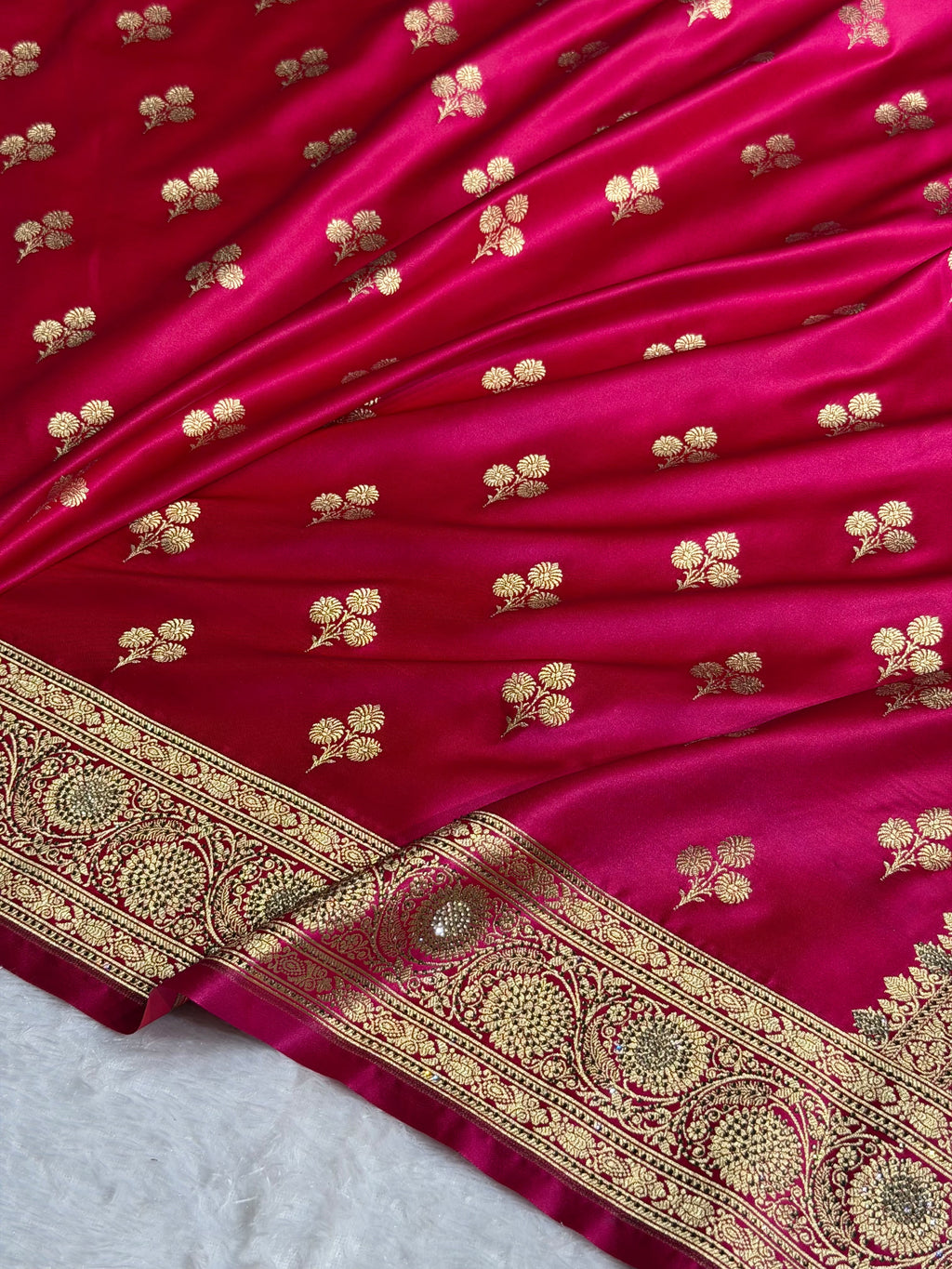 Bridal Banarasi Katan Satin Silk Saree Booti Pattern with Swarovski Work in Rani Pink Shades BSK02