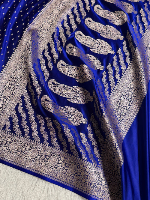 Banarasi Mashru Satin Silk Saree Booti Pattern Royal Blue Shades MSK18
