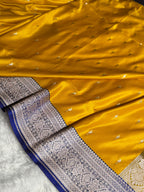 Banarasi Satin Katan Silk Saree Booti Pattern in Contrast Mustard with Royal Blue Shades SK14