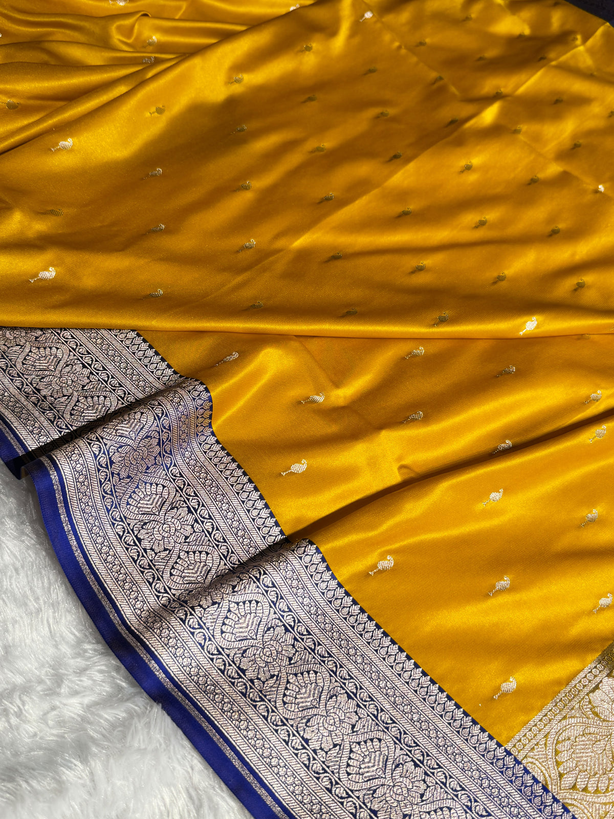 Banarasi Satin Katan Silk Saree Booti Pattern in Contrast Mustard with Royal Blue Shades SK14