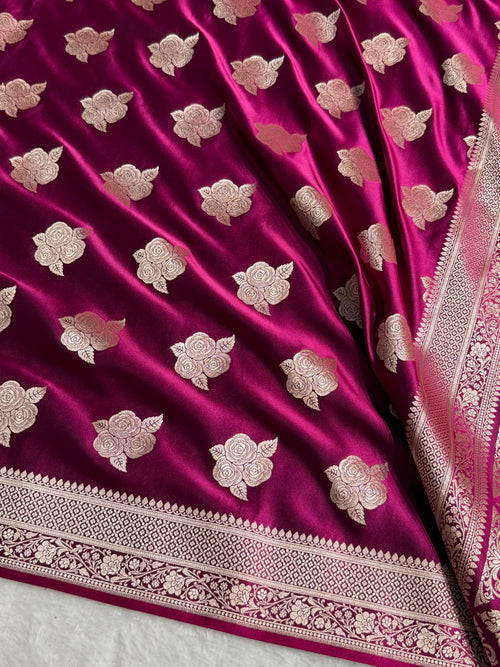 Banarasi Mashru Satin Silk Saree Boota Pattern Wine Shades MSK15