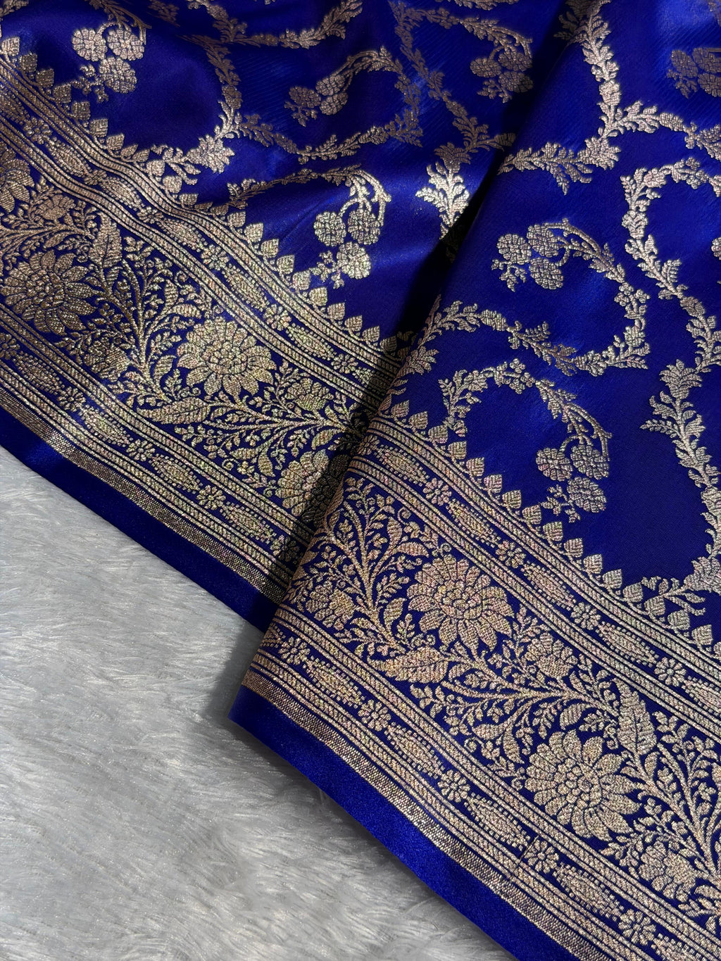 Banarasi Satin Silk Saree Cross Pattern in Royal Blue Shades SS09