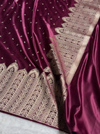 Banarasi Mashru Satin Silk Saree with Scallop Pattern In Deep Wine Shades MSC02