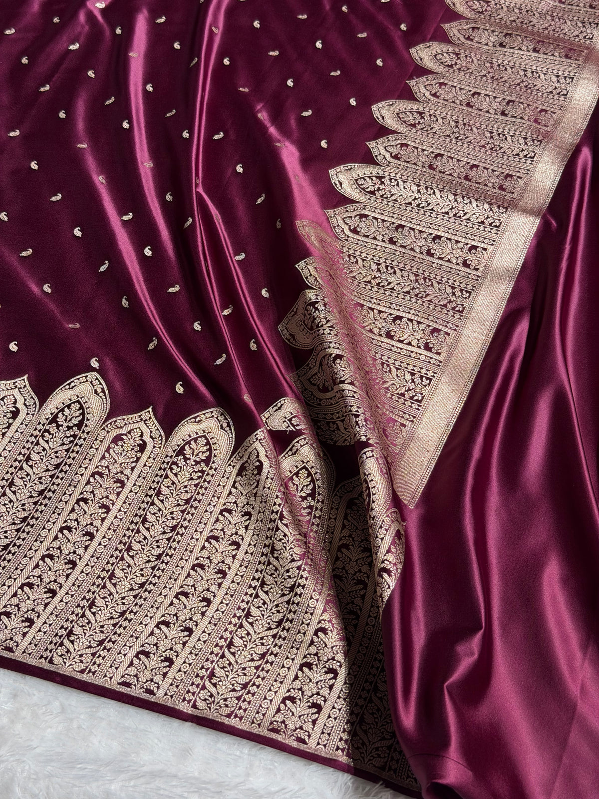 Banarasi Mashru Satin Silk Saree with Scallop Pattern In Deep Wine Shades MSC02
