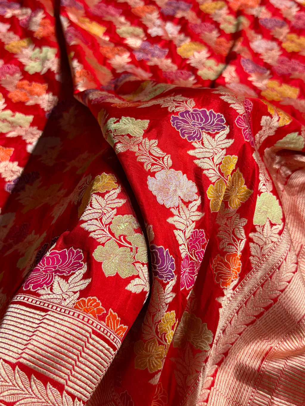 Banarasi Pure Katan Silk Saree with Minakari Cross Pattern in Red Shades Shades PKM02