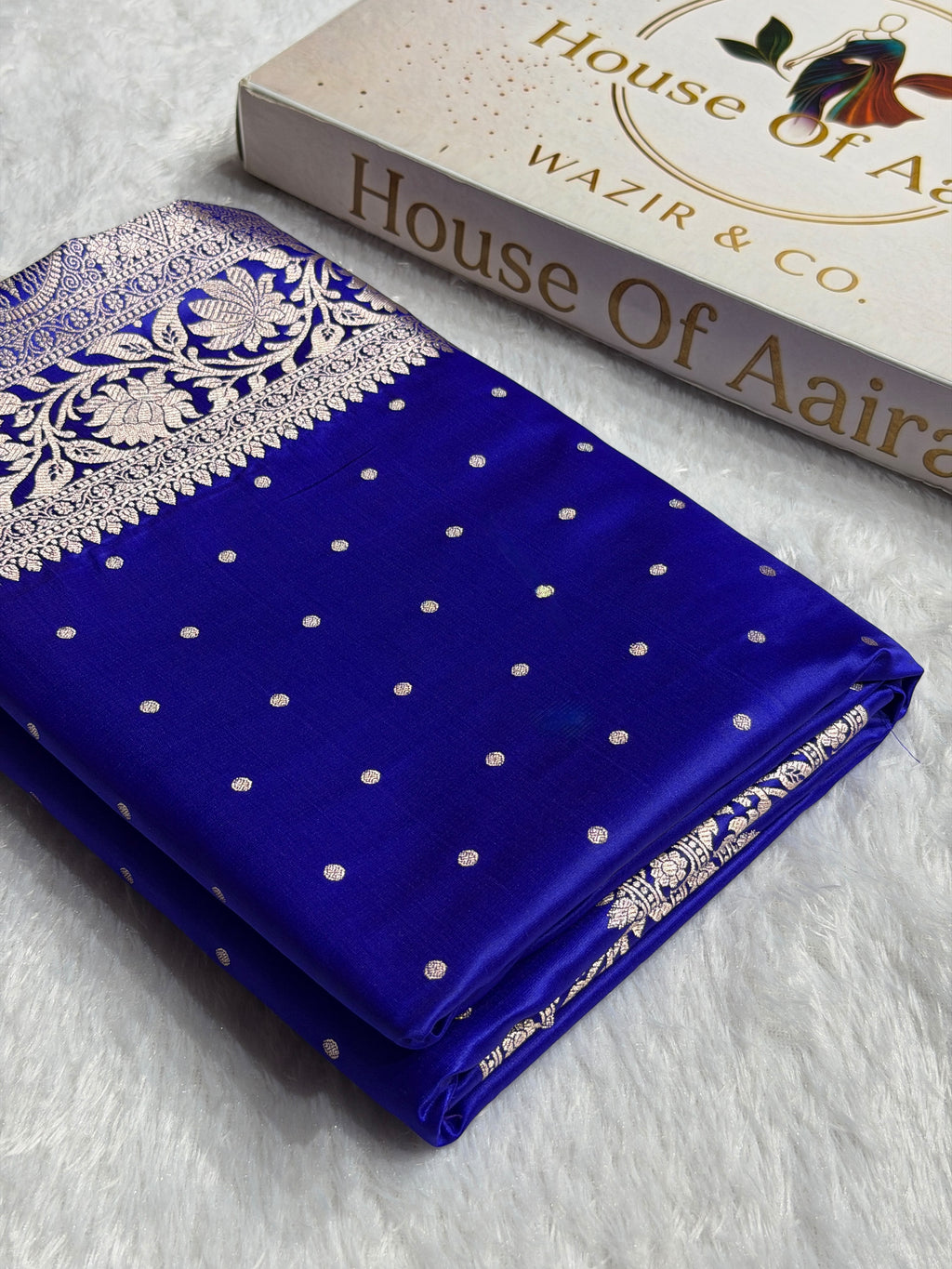 Banarasi Satin Katan Silk Saree Dot Booti Pattern in Royal Blue Shades SK11
