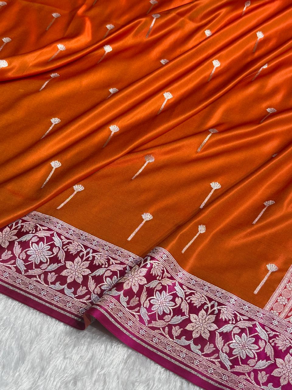 Banarasi Satin Katan Silk Saree Minakari Boota Pattern in Orange with Rani Shades SK08