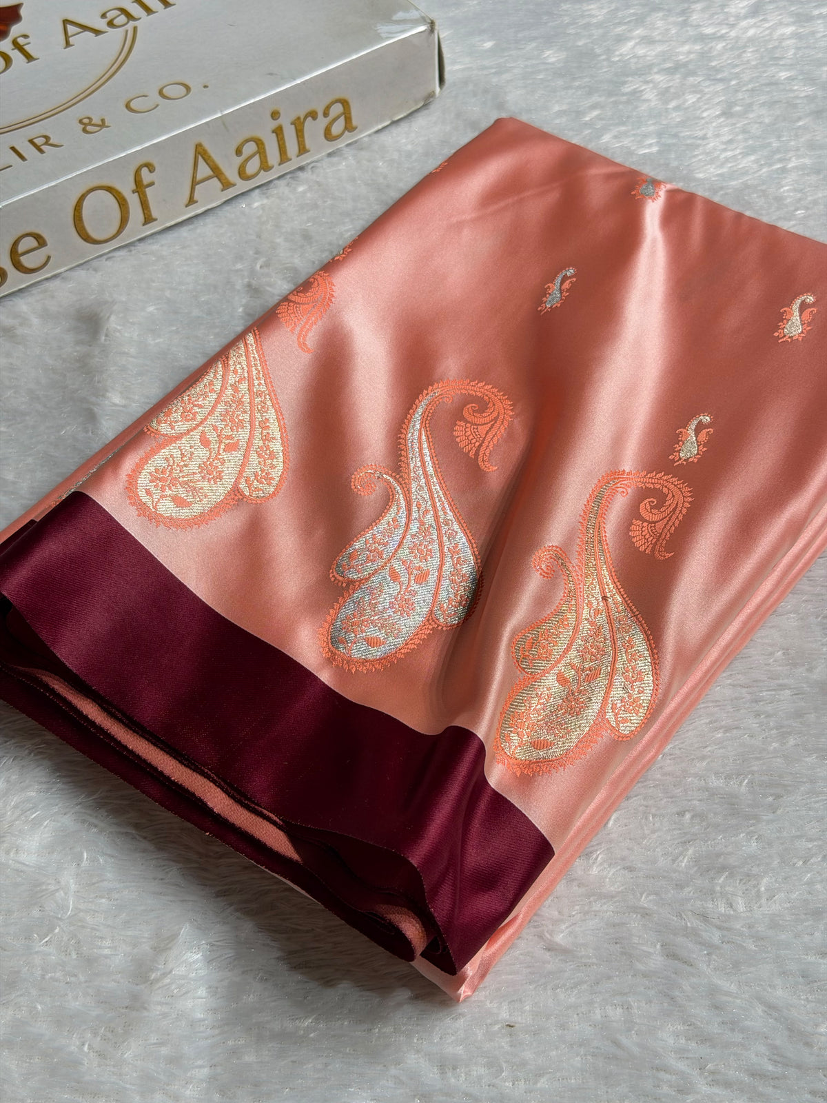 Banarasi Mashru Satin Silk Saree Booti Pattern In Peach Shades MSK42