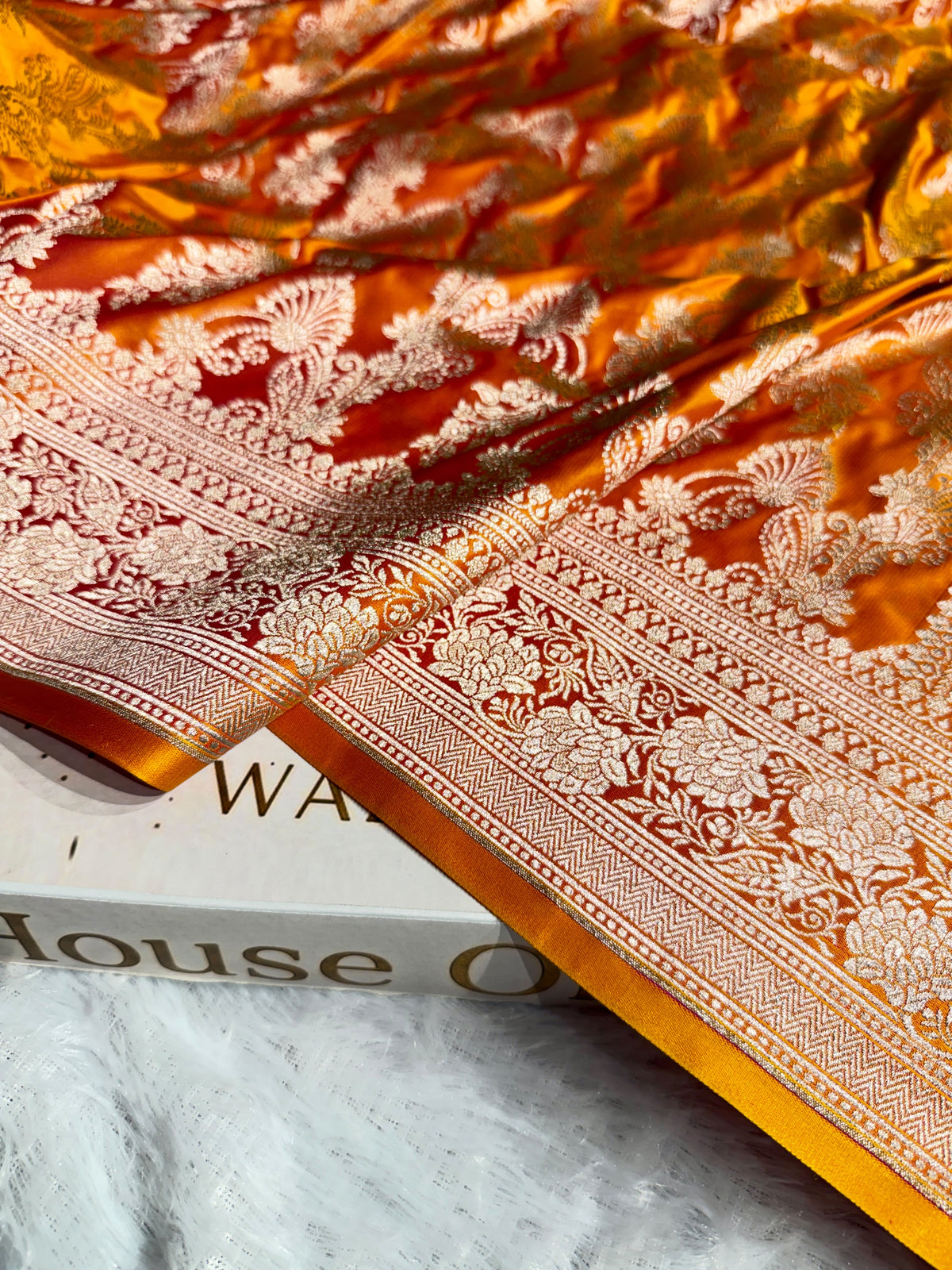Banarasi Satin Katan Silk Saree Jaal Pattern in Mustard Shades SK15