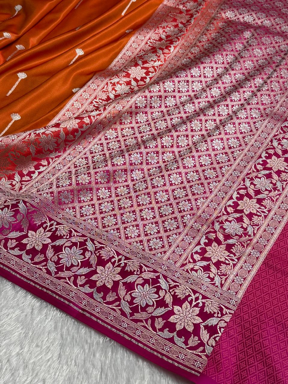 Banarasi Satin Katan Silk Saree Minakari Boota Pattern in Orange with Rani Shades SK08