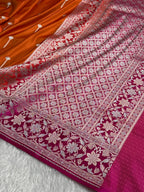 Banarasi Satin Katan Silk Saree Minakari Boota Pattern in Orange with Rani Shades SK08