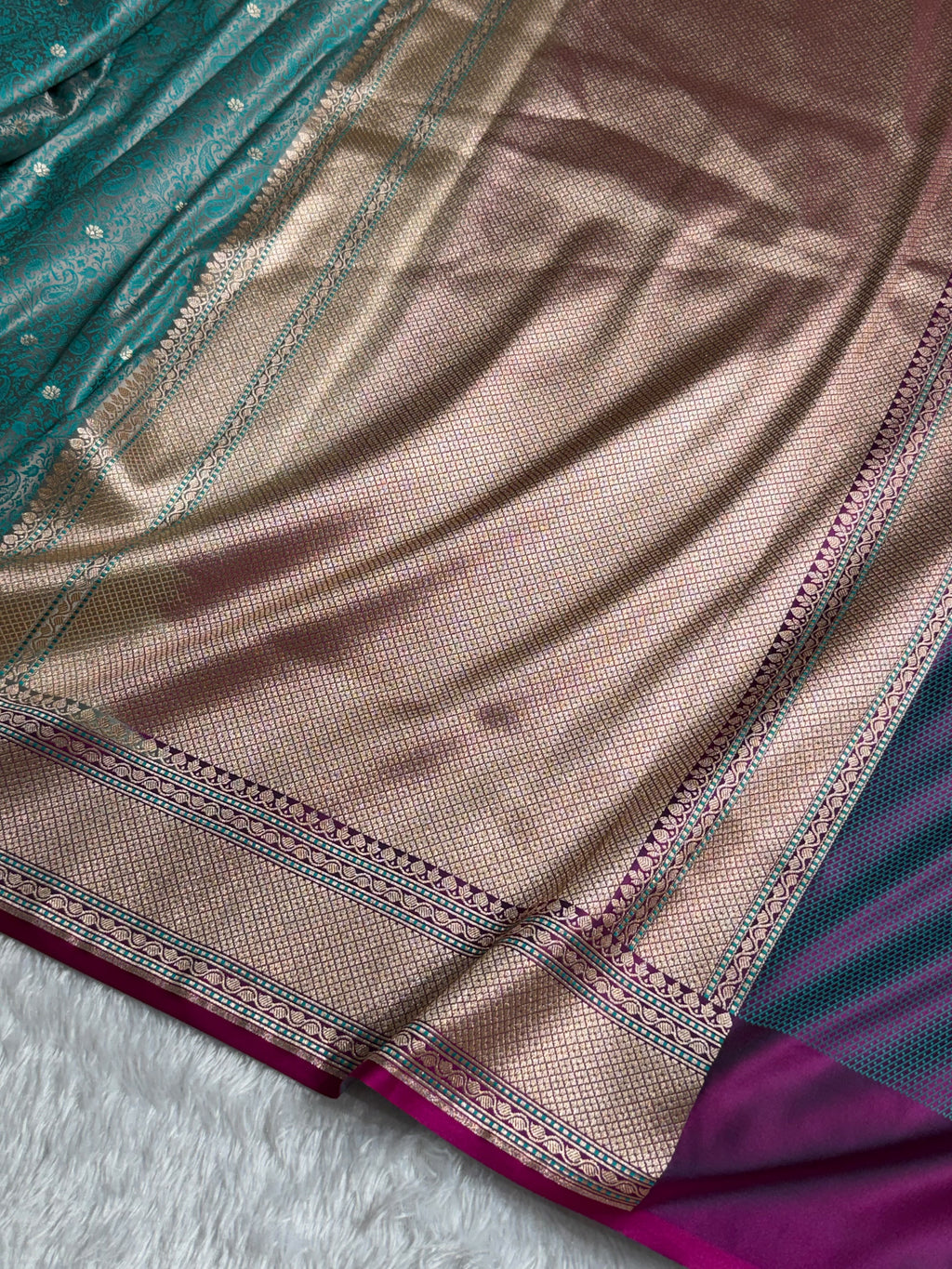 Banarasi Mashru Satin Silk Saree Tanchoi Pattern Contrast Sea Green with Rani Shades MSK34