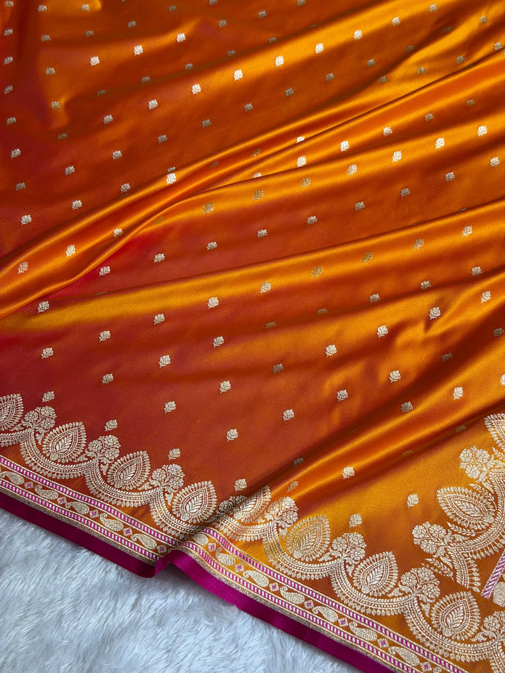Banarasi Mashru Satin Silk Saree Booti Pattern Fire Gold Shades MSK30
