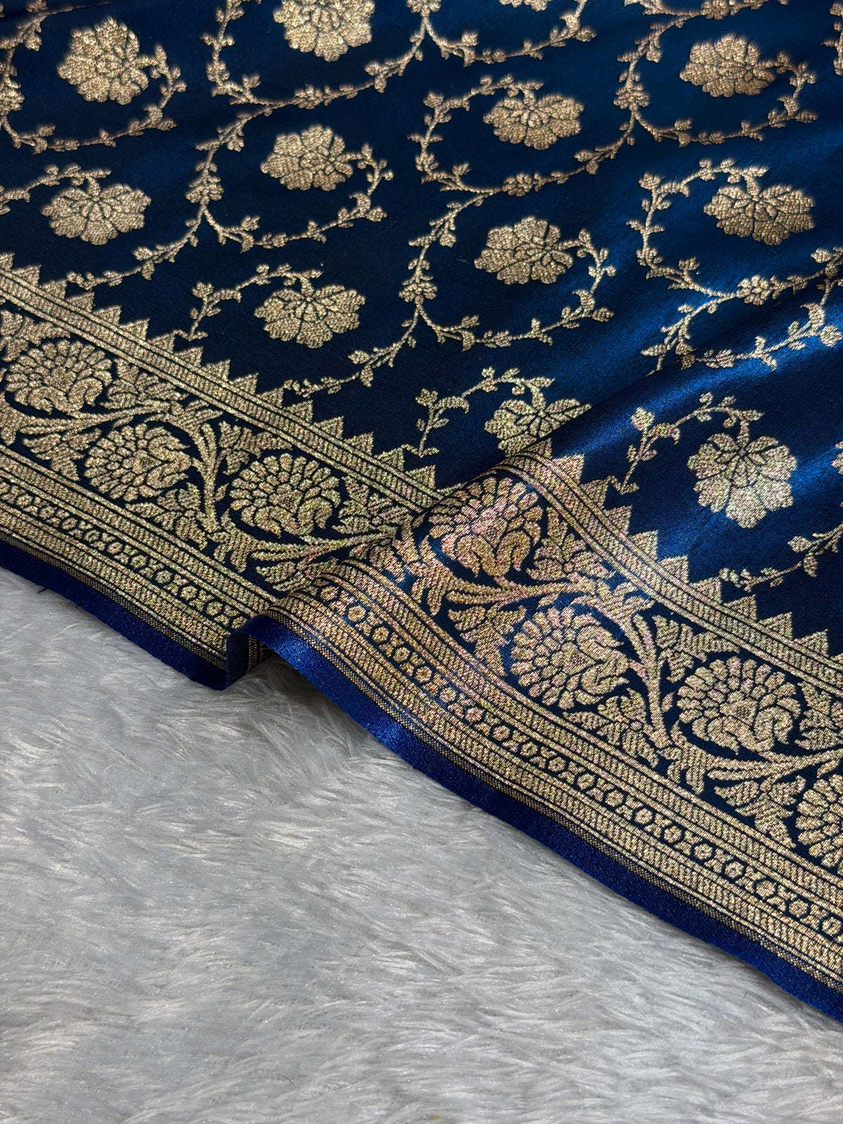 Banarasi Satin Silk Saree Jaal Pattern in German Blue Shades SS04