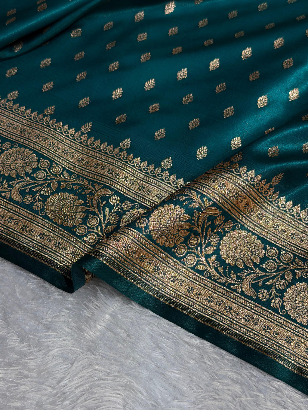 Banarasi Satin Silk Saree Booti Pattern in Deep Teal Shades SS03